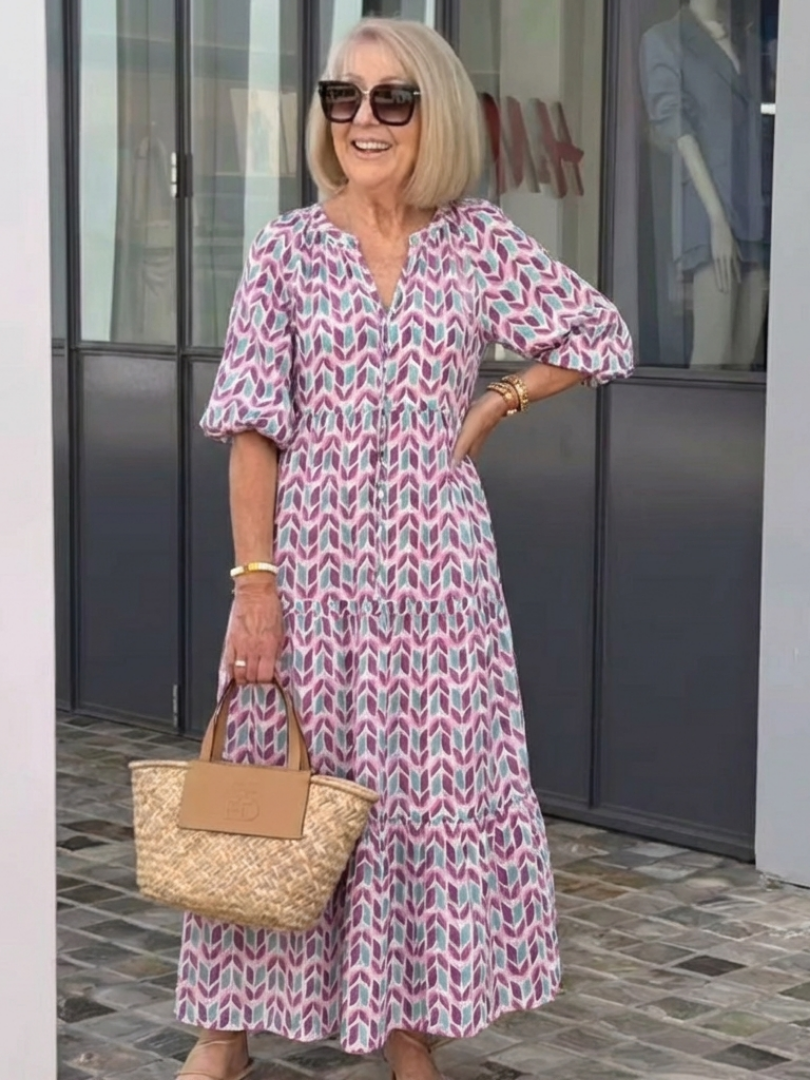 Zara | Geometric Print Long Sleeve Tiered Midi Dress
