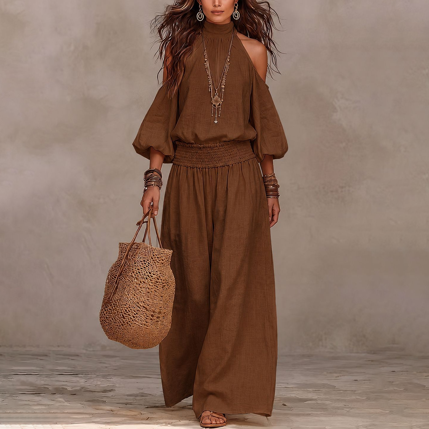 Isla | Boho Cold-Shoulder Wide-Leg Pants Set