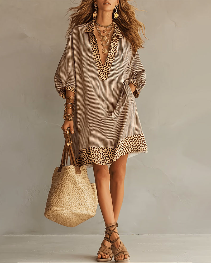 Carly | Leopard Print Panel Puff Sleeve Striped Shirt