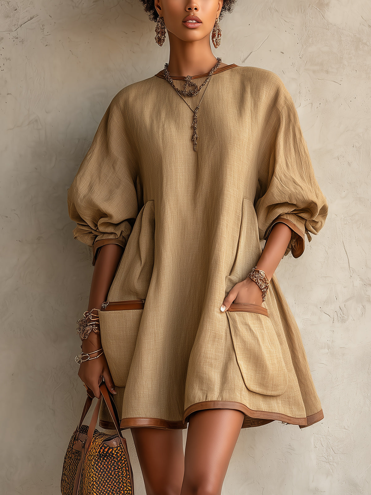 Khaki Linen Oversized Mini Dress with Balloon Sleeves and Pockets