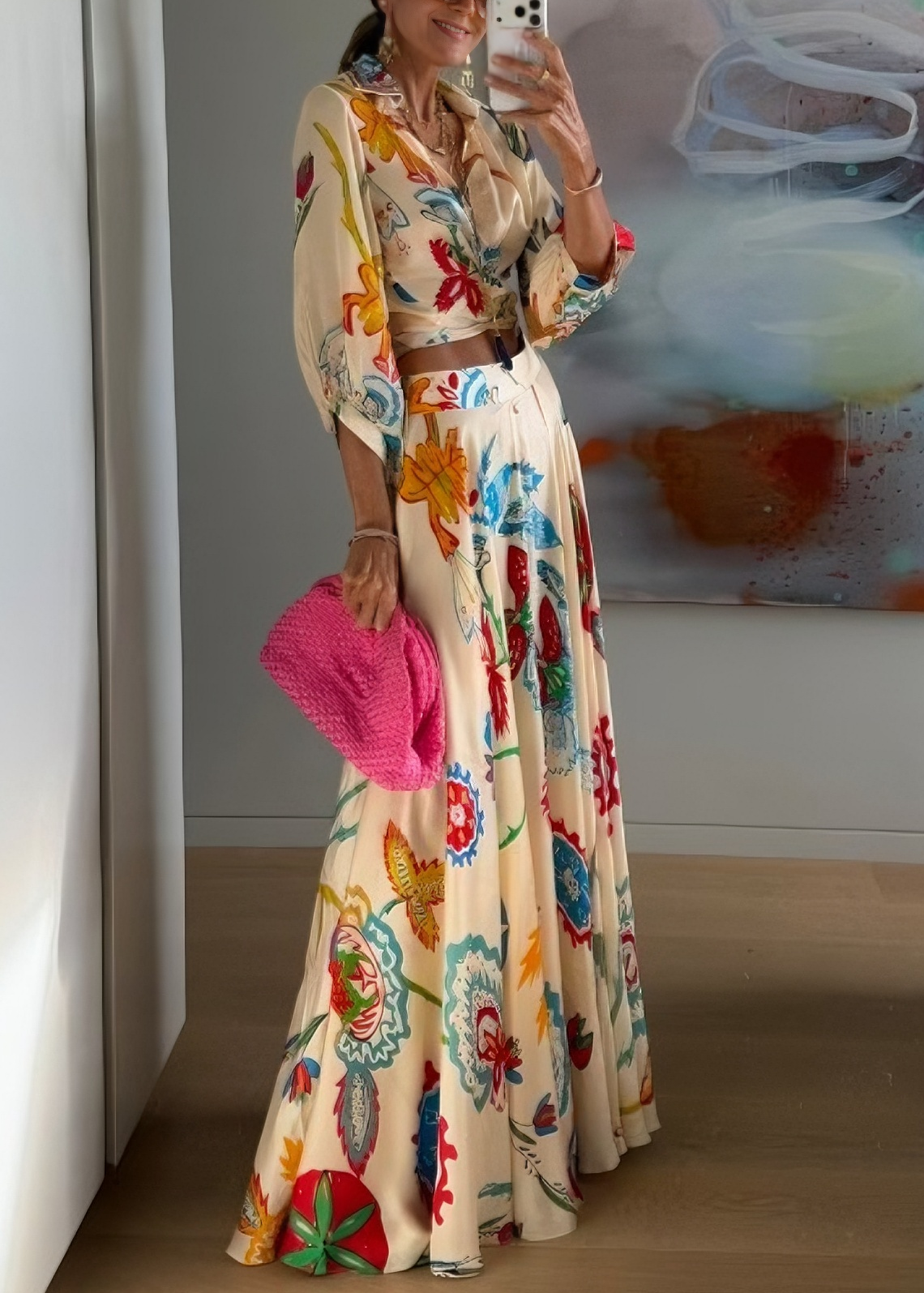 Rose | Tropical Floral Waist Tie Shirt & Maxi Skirt Set