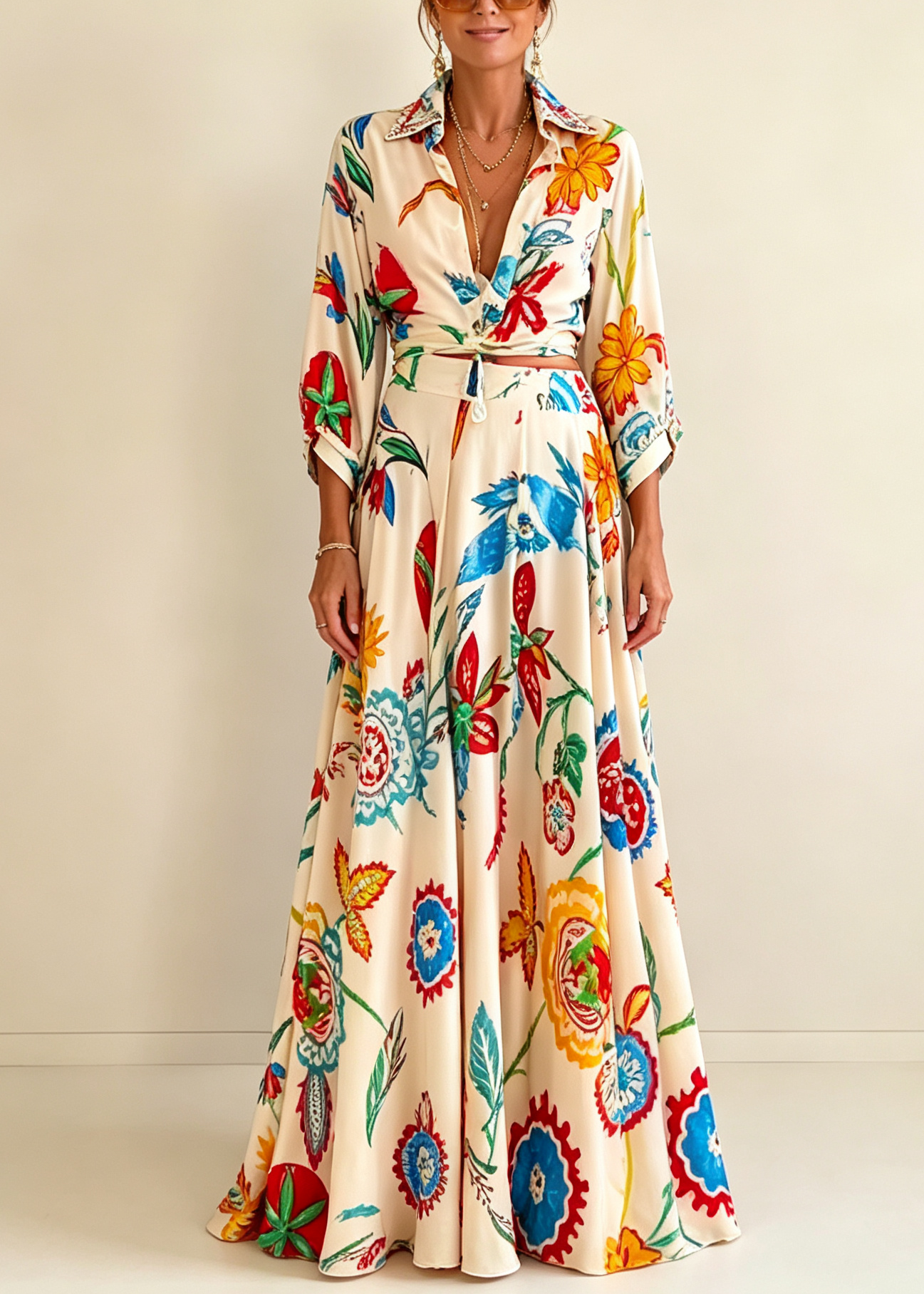Rose | Tropical Floral Waist Tie Shirt & Maxi Skirt Set