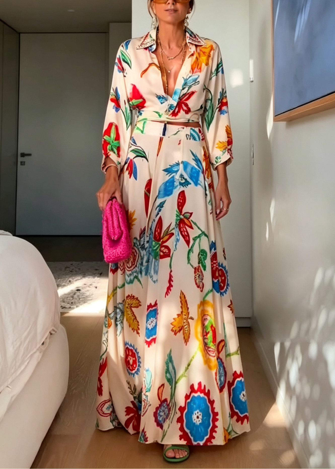 Rose | Tropical Floral Waist Tie Shirt & Maxi Skirt Set