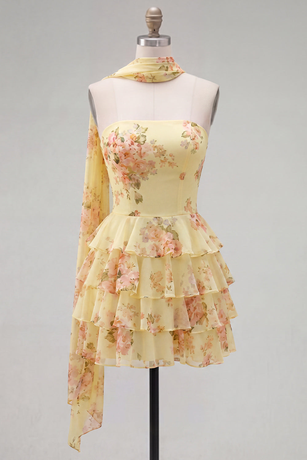 A-Line Yellow Floral Strapless Dress with Chiffon Scarf