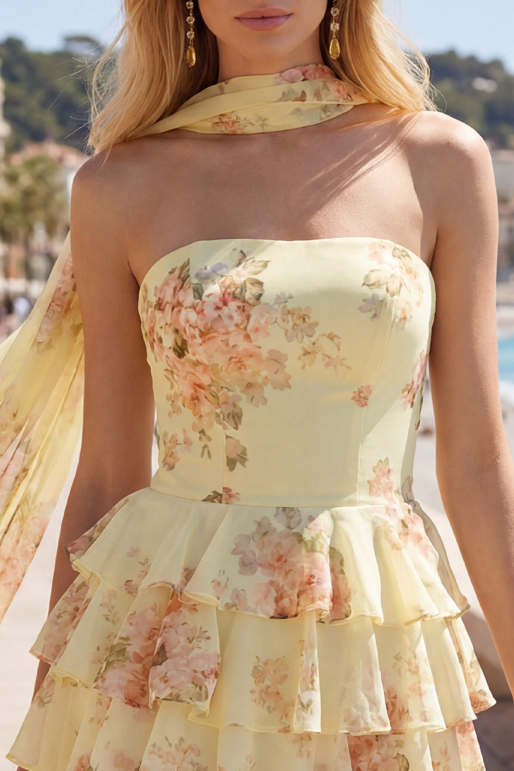 A-Line Yellow Floral Strapless Dress with Chiffon Scarf
