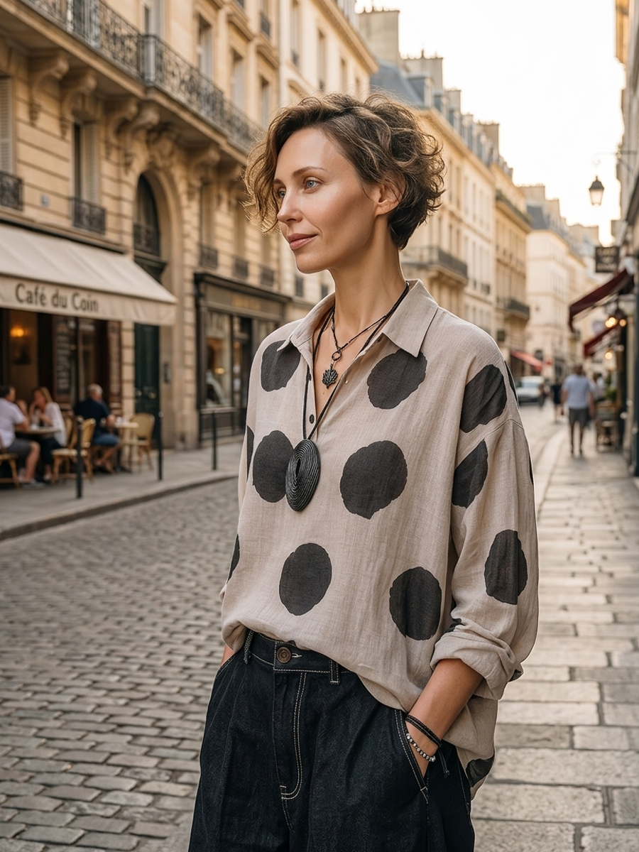 Maya | Vintage Polka-Dot V-Neck Long-Sleeve Shirt