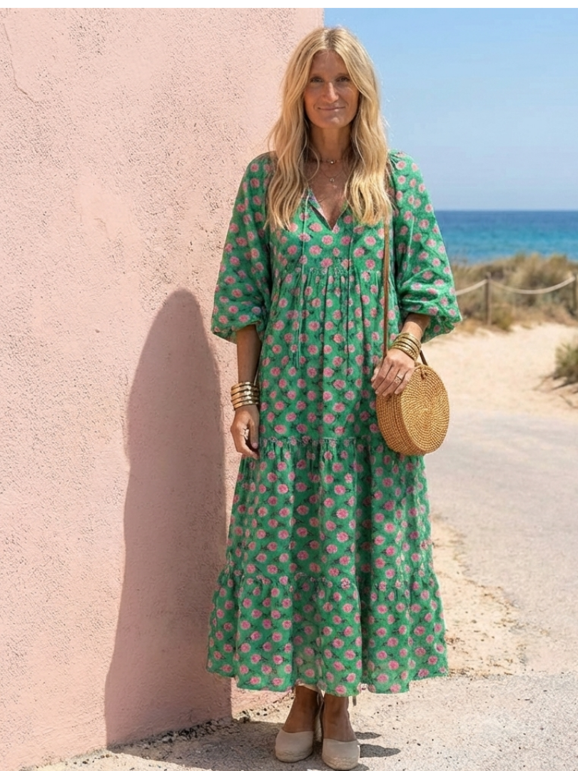 Isabella | Floral Print V Neck Tiered Midi Dress