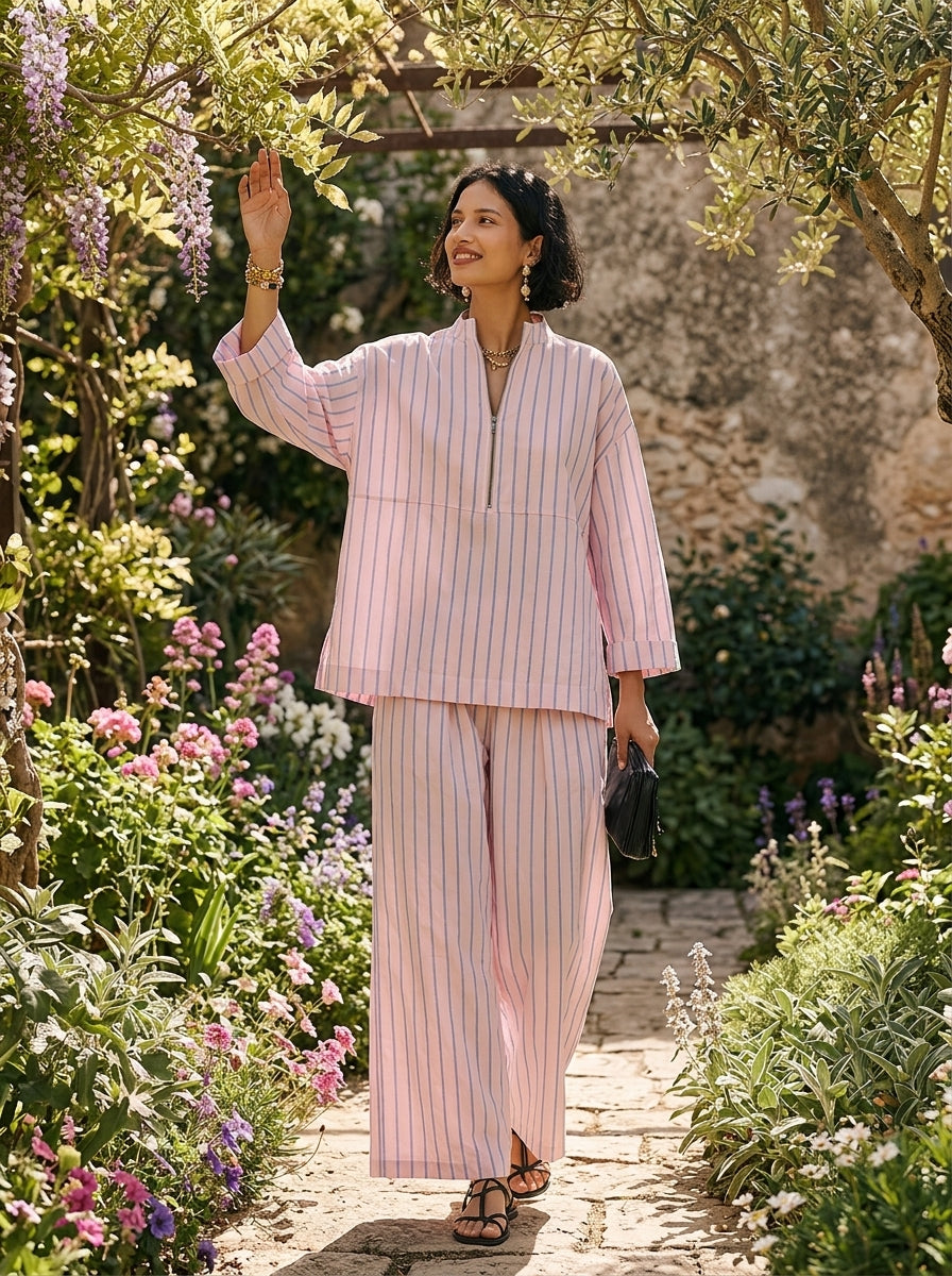 Léa | Striped Half-Zip Wide-Leg Set