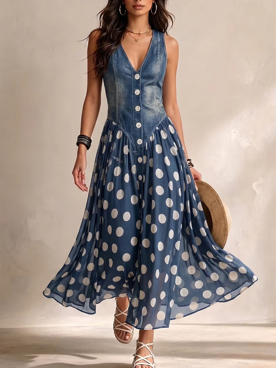 Elena | Elegant Denim Polka Dot Dress