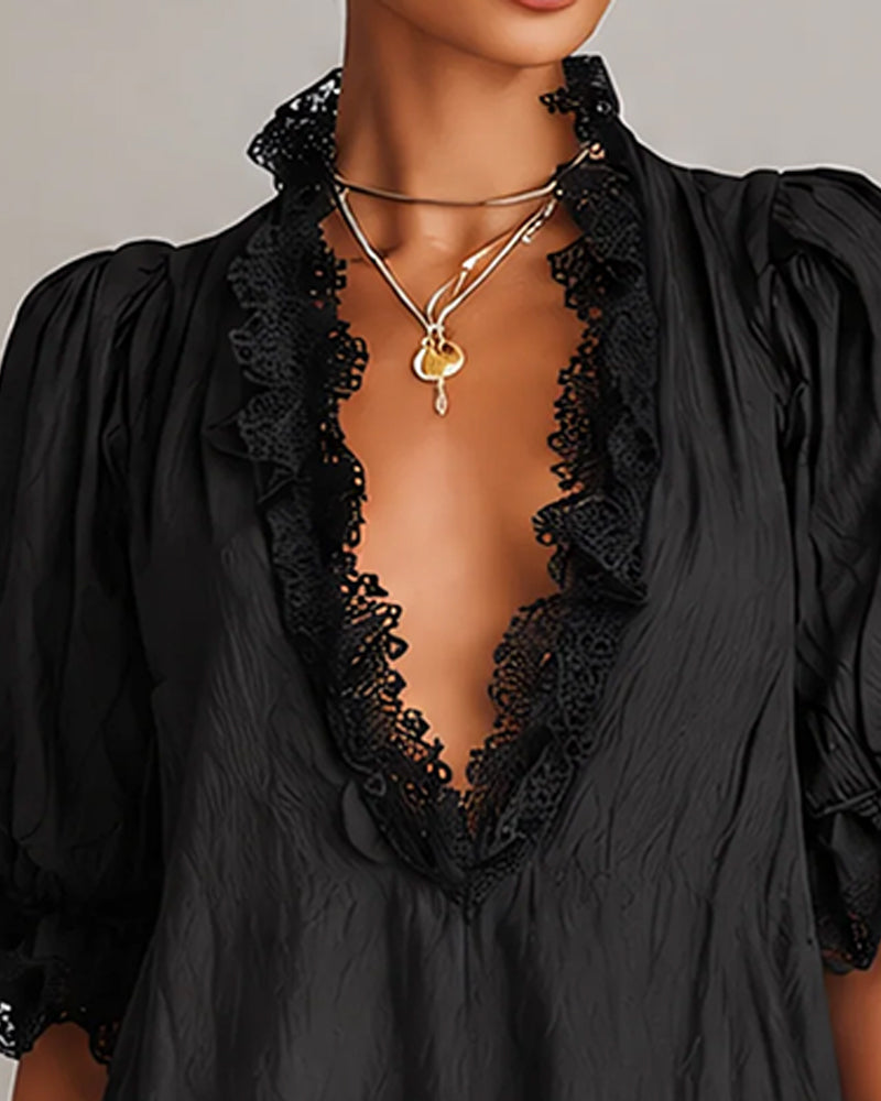 Elodie | Lace-Trim V-Neck Mini Dress