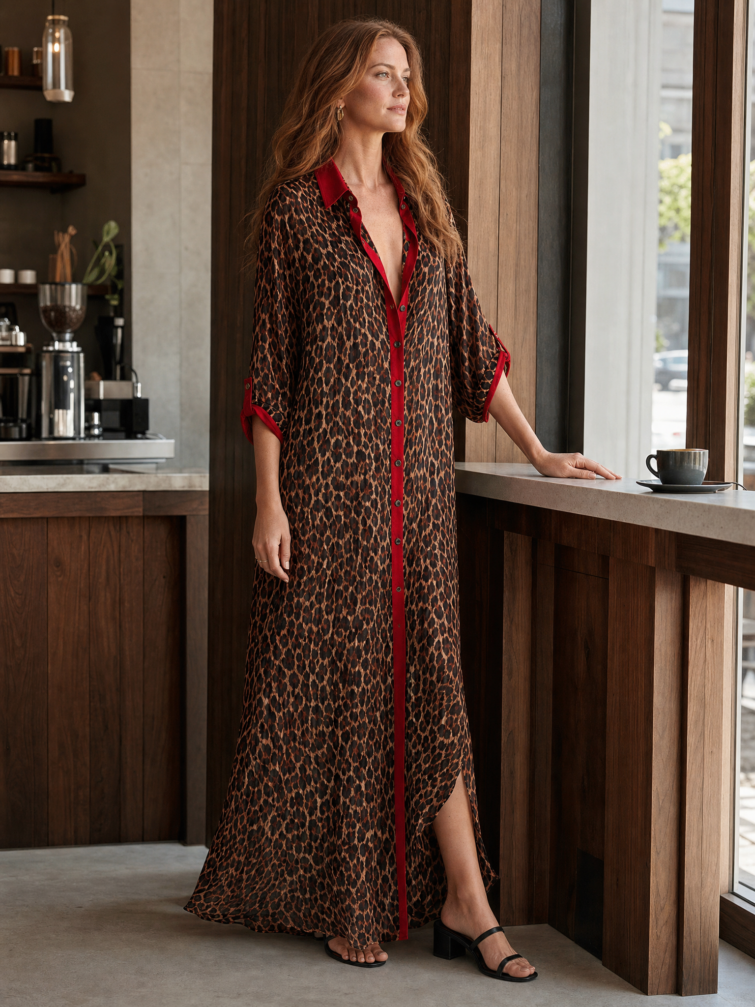 Effortless Glam Sheer Leopard Deep-V Belted Brown Shirt Maxi Dress