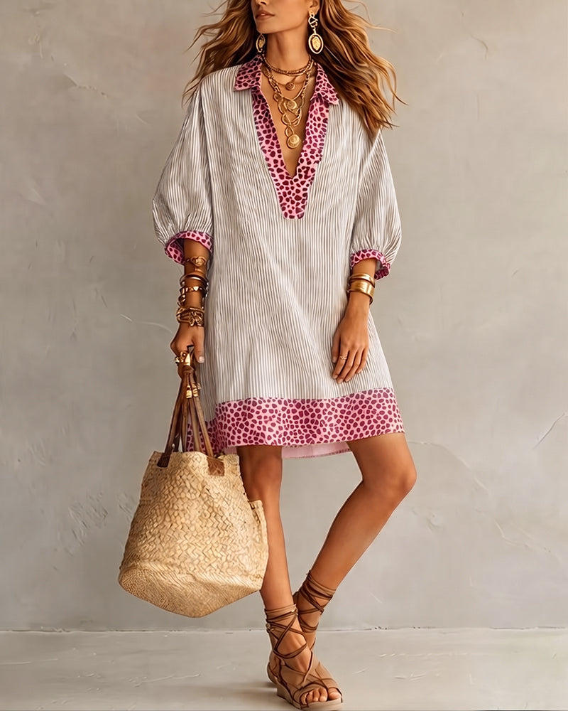 Carly | Leopard Print Panel Puff Sleeve Striped Shirt