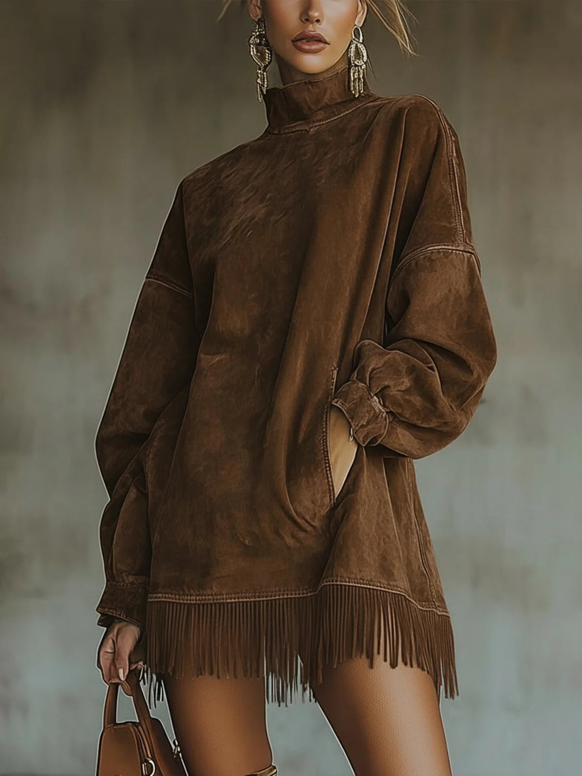 Faux Suede Dress with High Neck and Fringed Hem