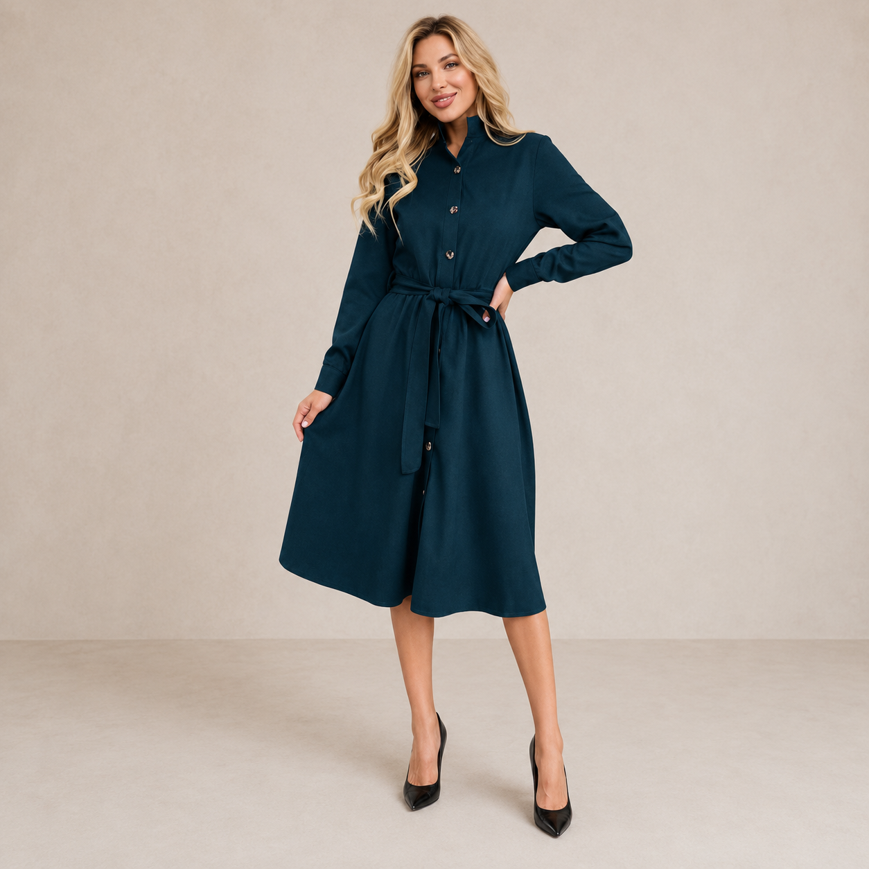 ELVENA™ | Belted Button Midi Dress