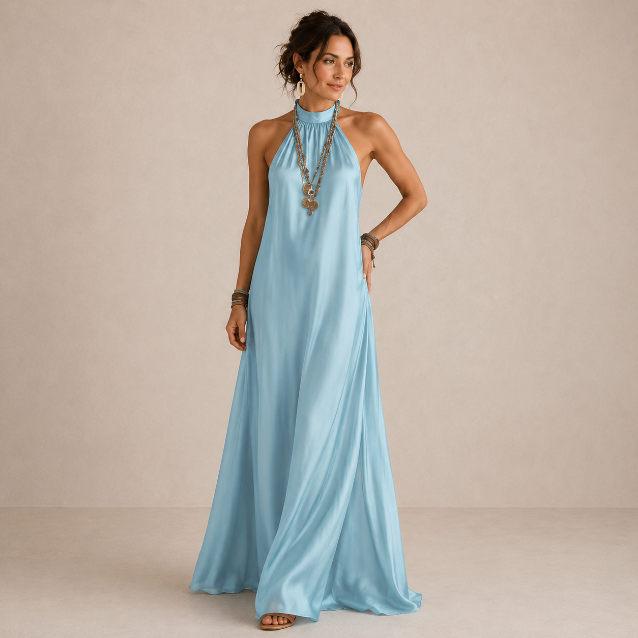 ELVENA™ | Blue Halter-Neck Flowing Maxi Dress