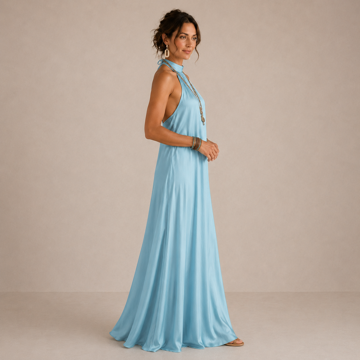 ELVENA™ | Blue Halter-Neck Flowing Maxi Dress