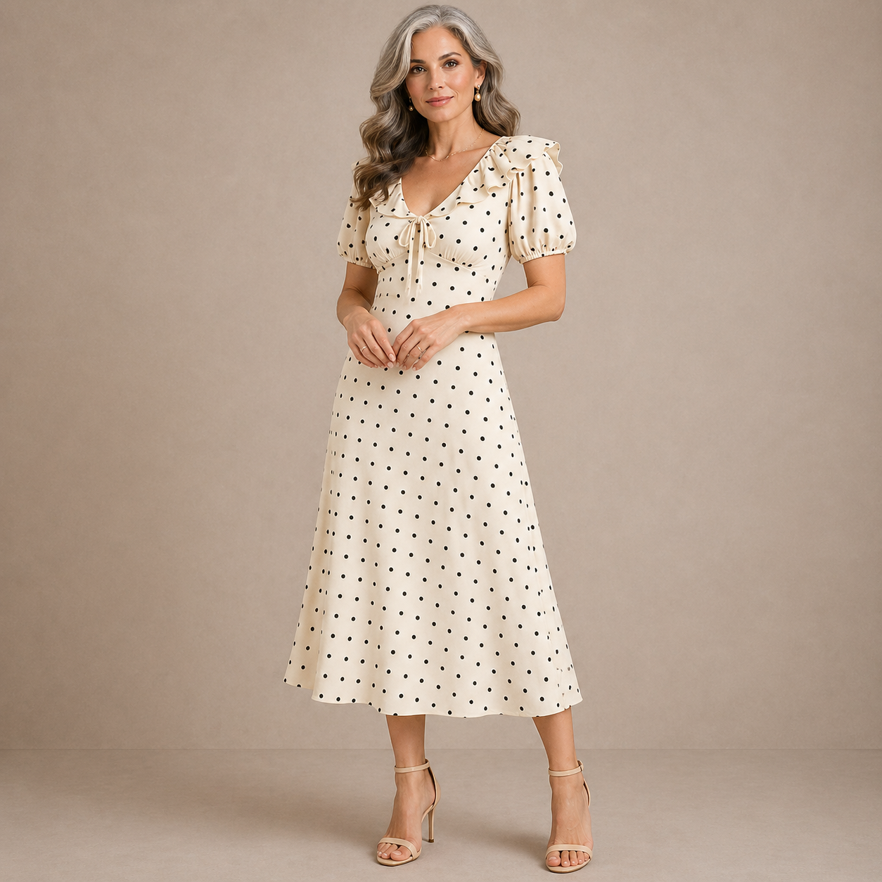 ELVENA™ | Polka Dot Ruffle Midi Dress