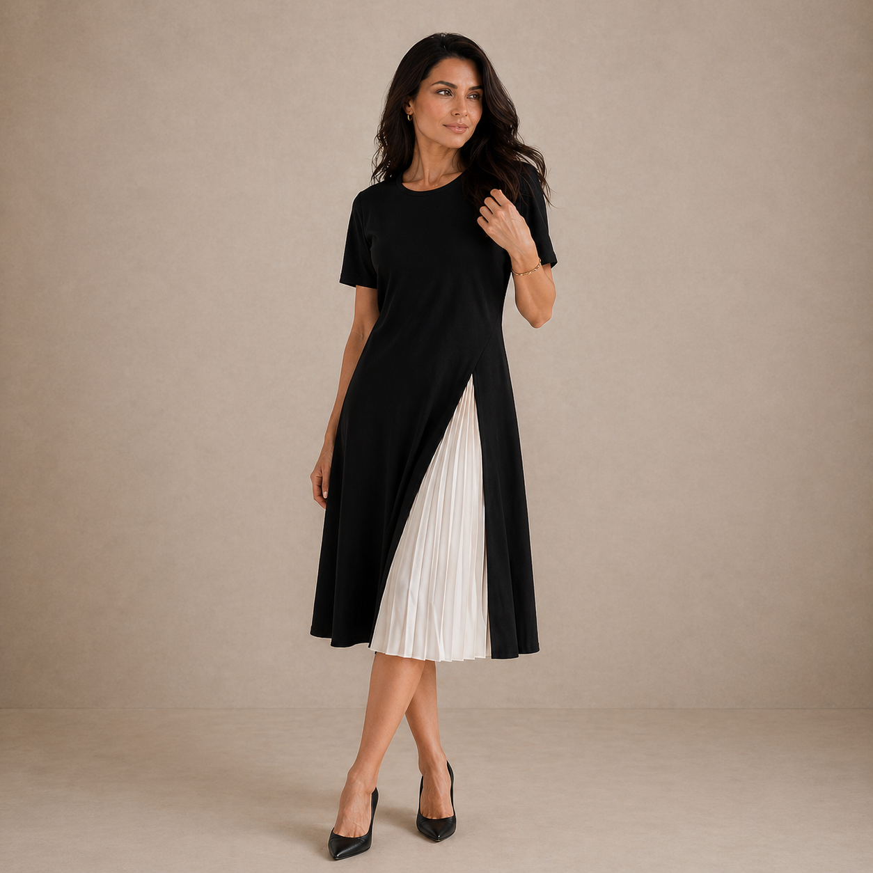 ELVENA™ | Pleated Panel Midi Dress
