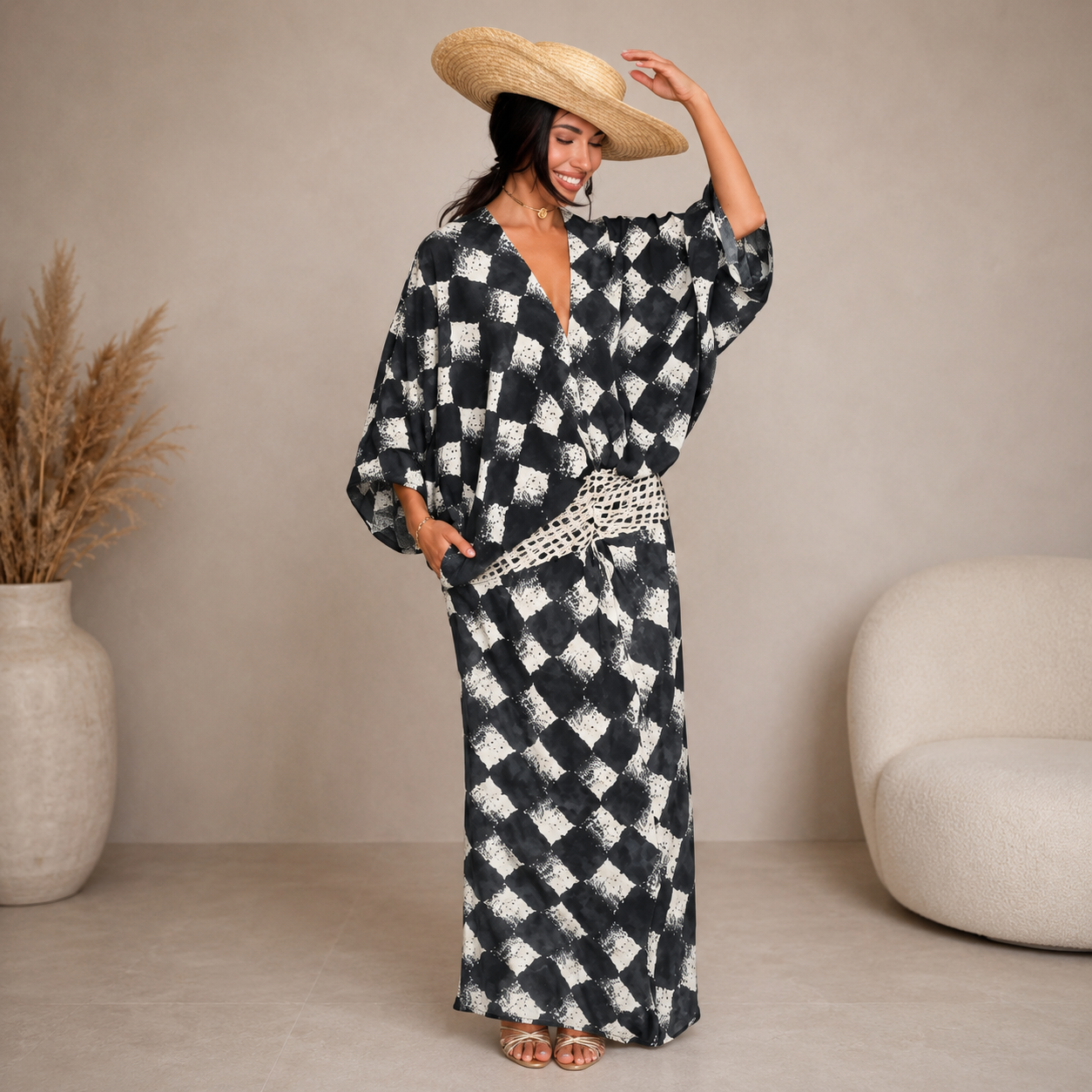 ELVENA™ | Monochrome Print Maxi Dress