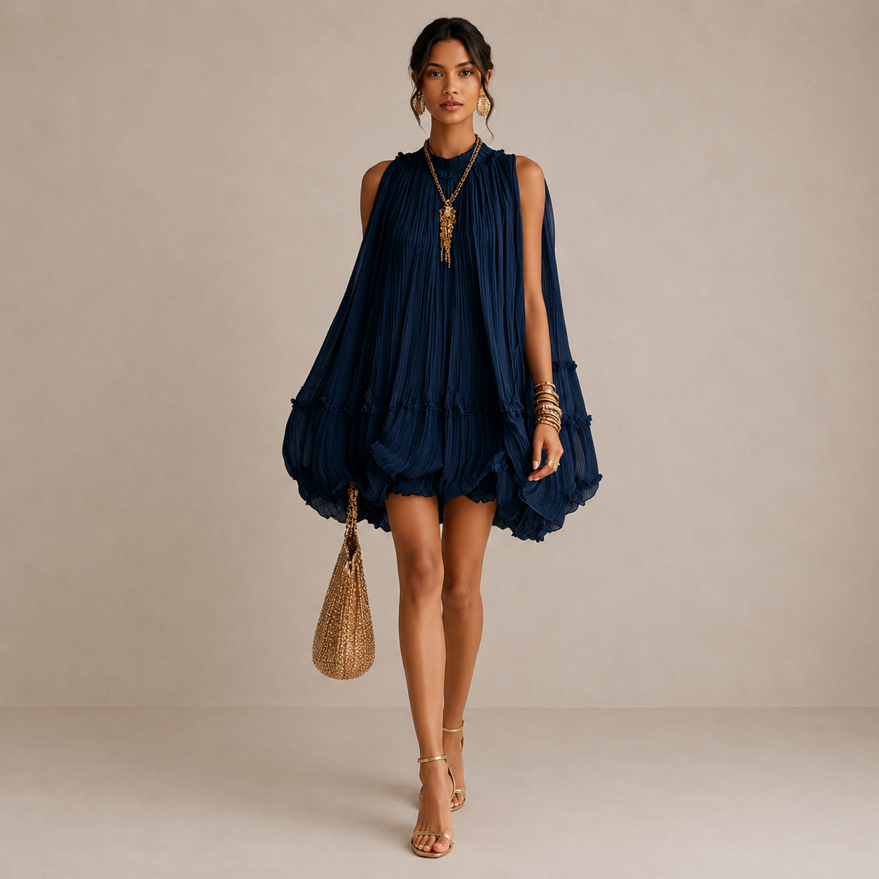 ELVENA™ | Midnight Blue Ruffle Midi Dress