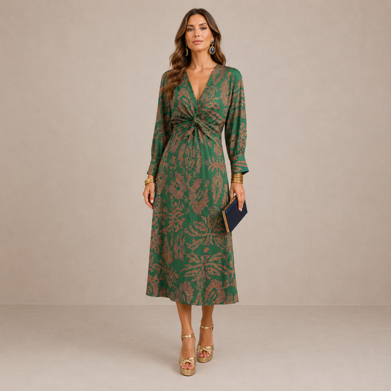 ELVENA™ | V-Neck Tie-Waist Midi Dress