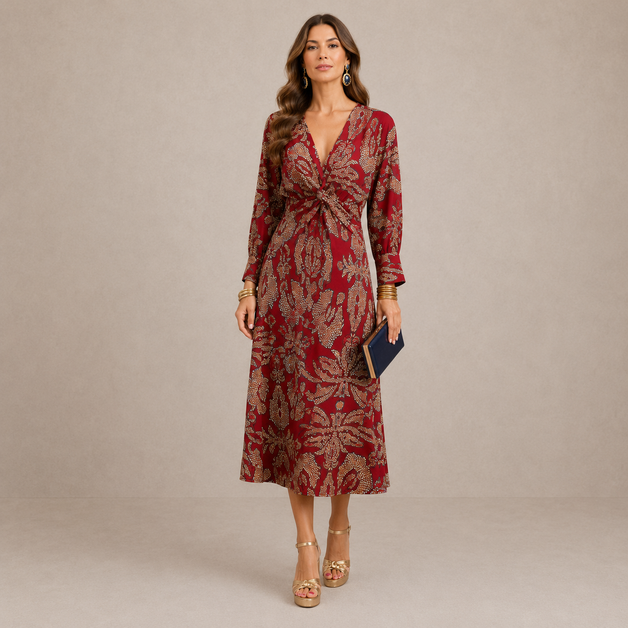 ELVENA™ | V-Neck Tie-Waist Midi Dress