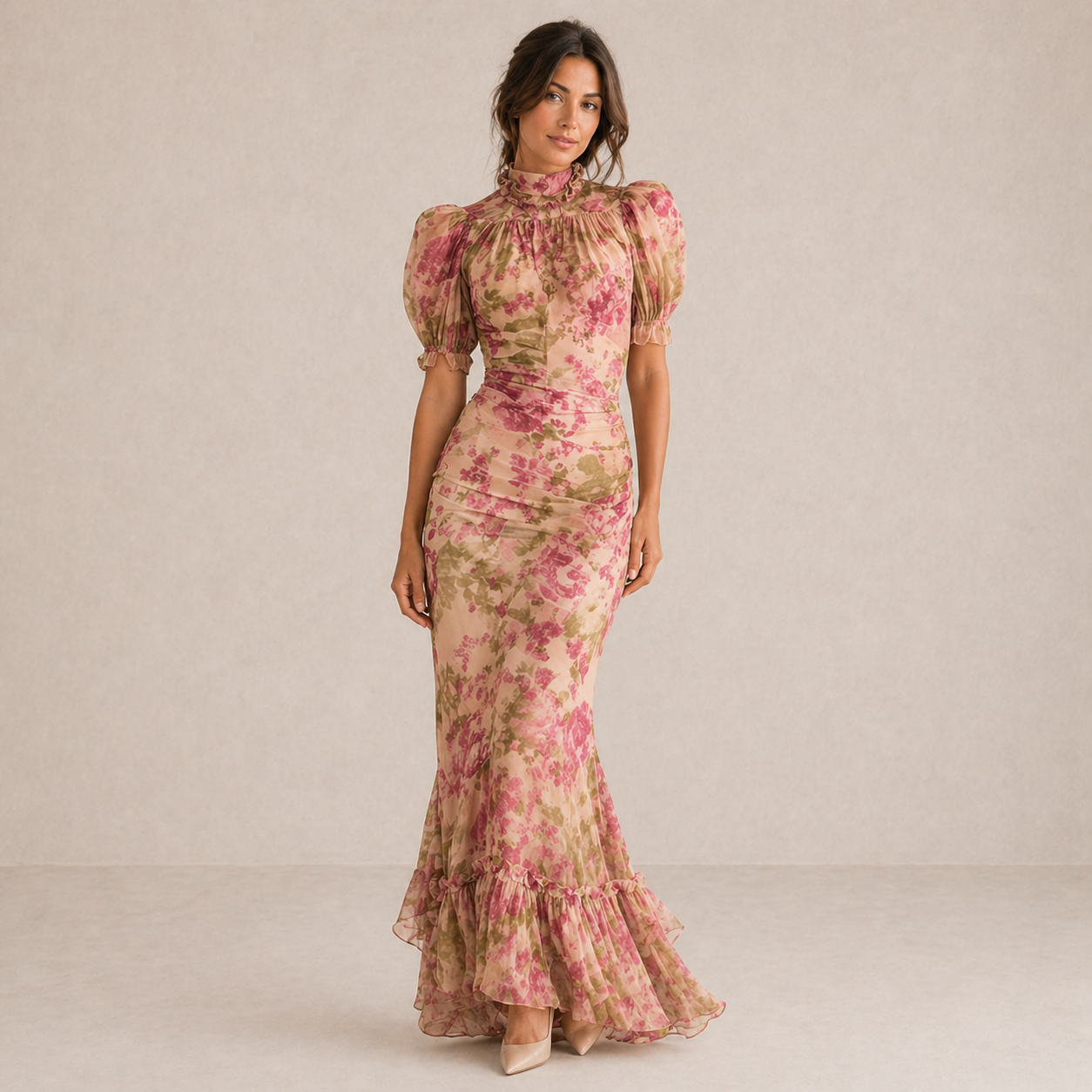 ELVENA™ | Floral Puff-Sleeve Maxi Dress.