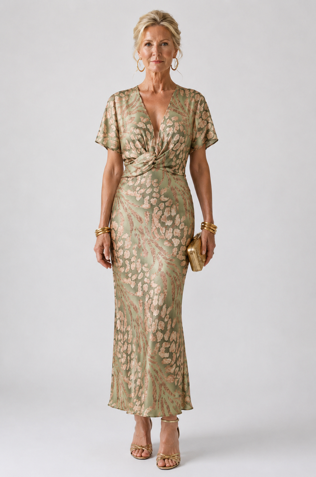 Hayes & Tate™  | Abstract Print V Neck Twist Waist Midi Dress
