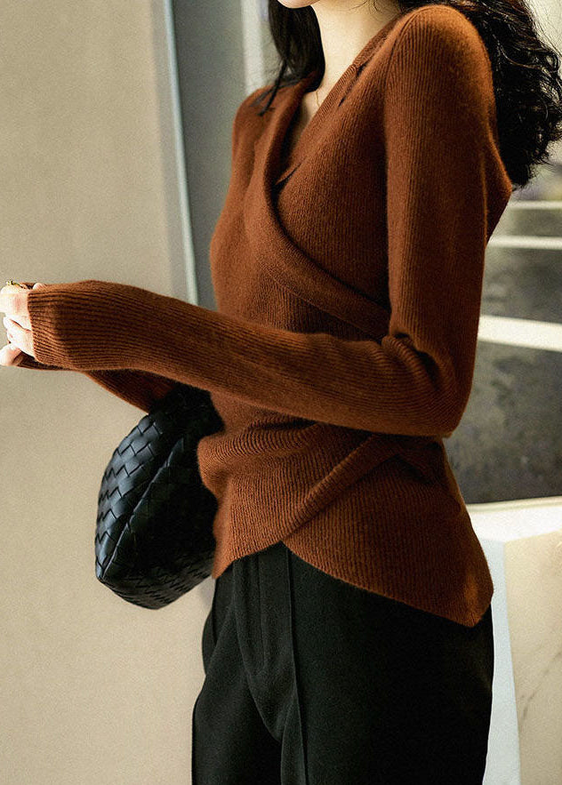 Cleo | Caramel Peter Pan Collar Asymmetric Knit Sweater