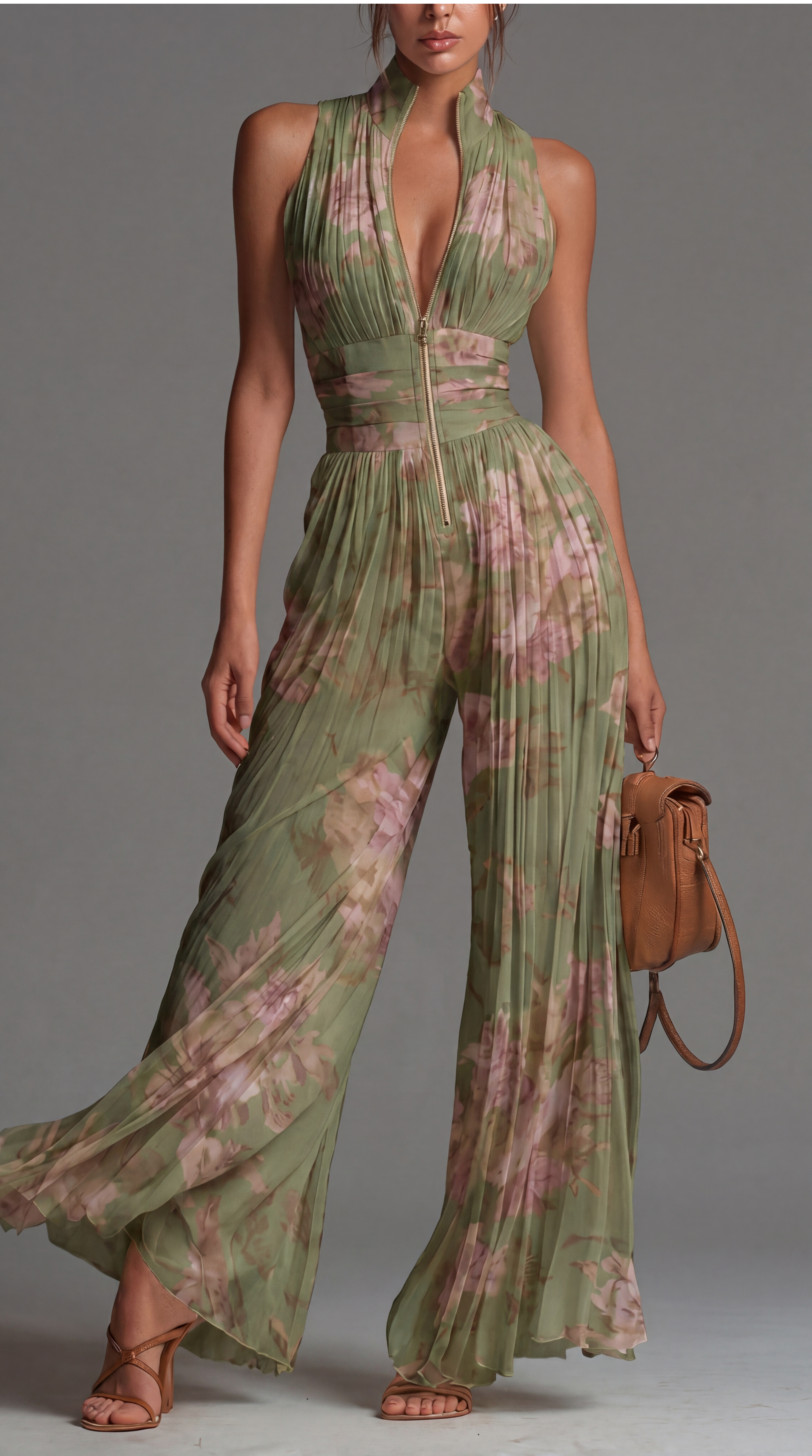 ESSENTIAL – Pleated Floral Chiffon Jumpsuit