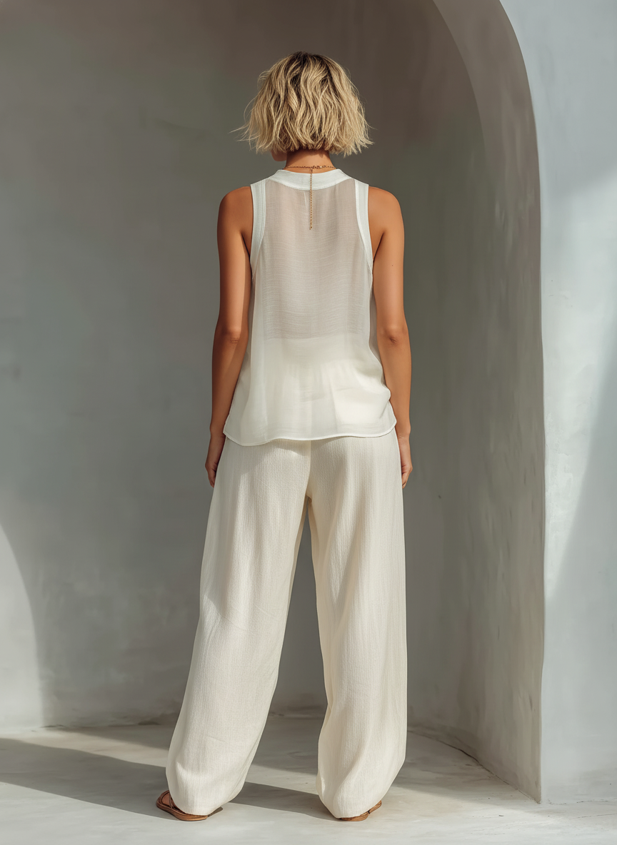 Mia | Semi-Sheer Sleeveless Top & Drawstring Wide-Leg Trousers