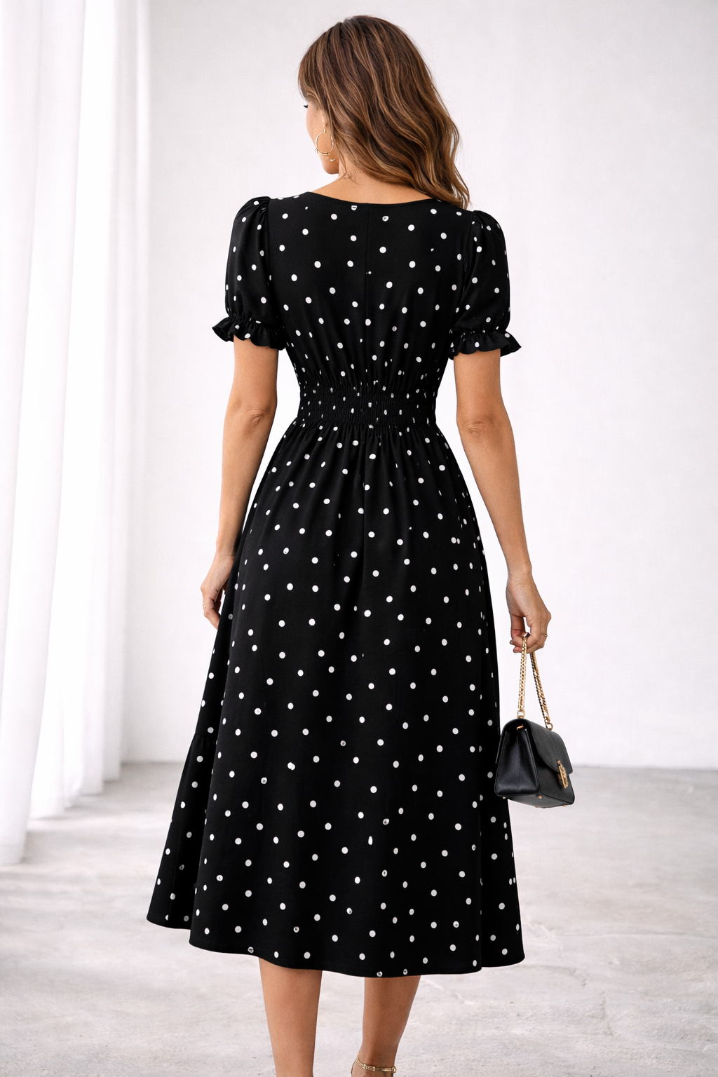 ELVENA™ | Polka Dot Ruffle Midi Dress