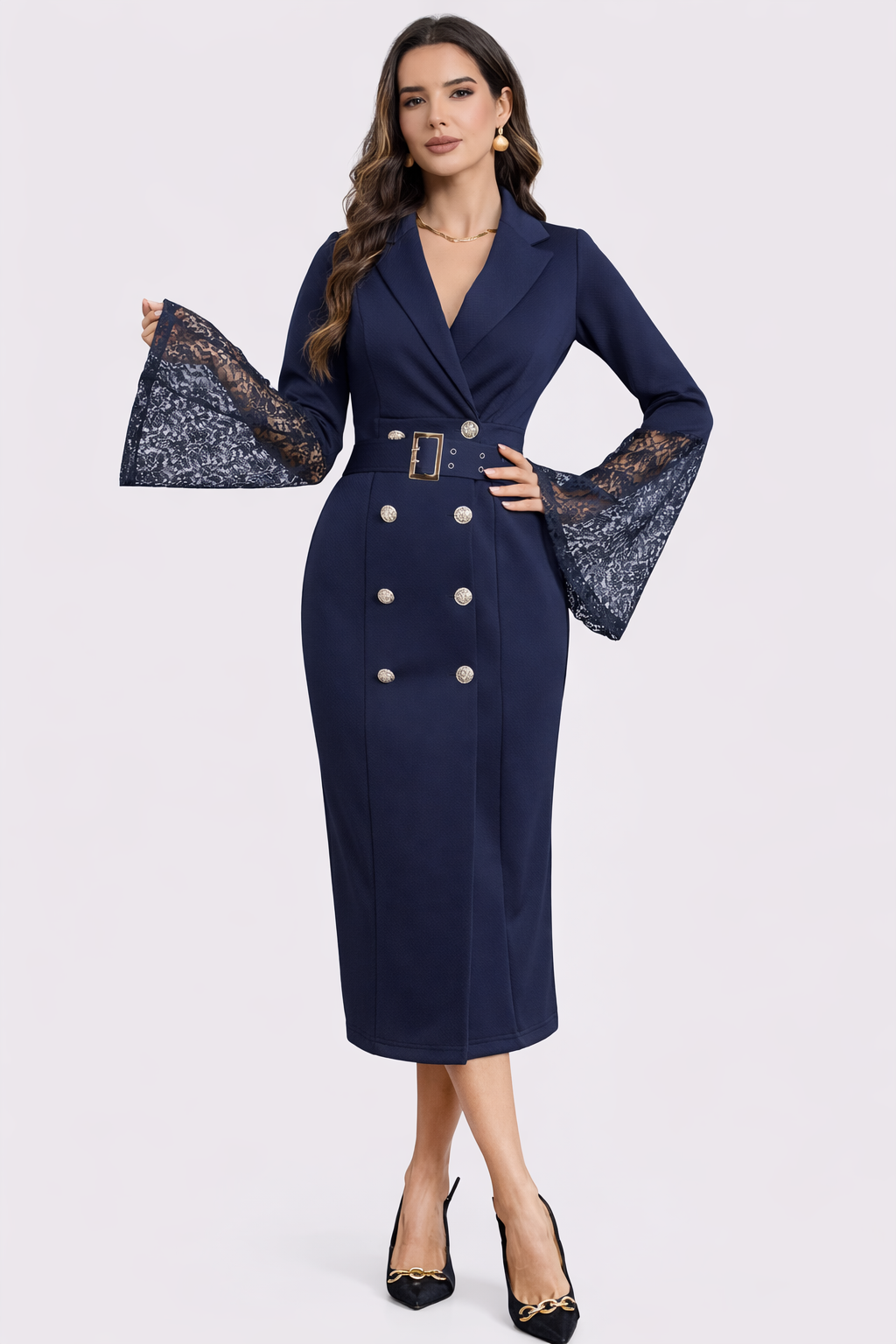 ELVENA™ | Belted Lace-Sleeve Midi Dress