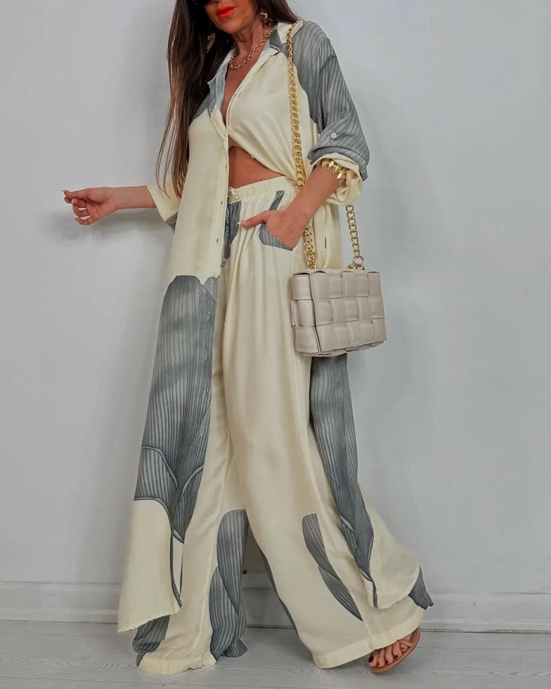 Nora | Color-Block Open-Front Duster & Wide-Leg Pants Set
