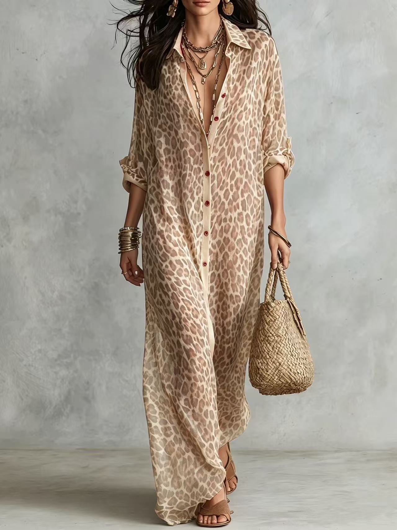 Effortless Glam Sheer Leopard Deep-V Belted Brown Shirt Maxi Dress