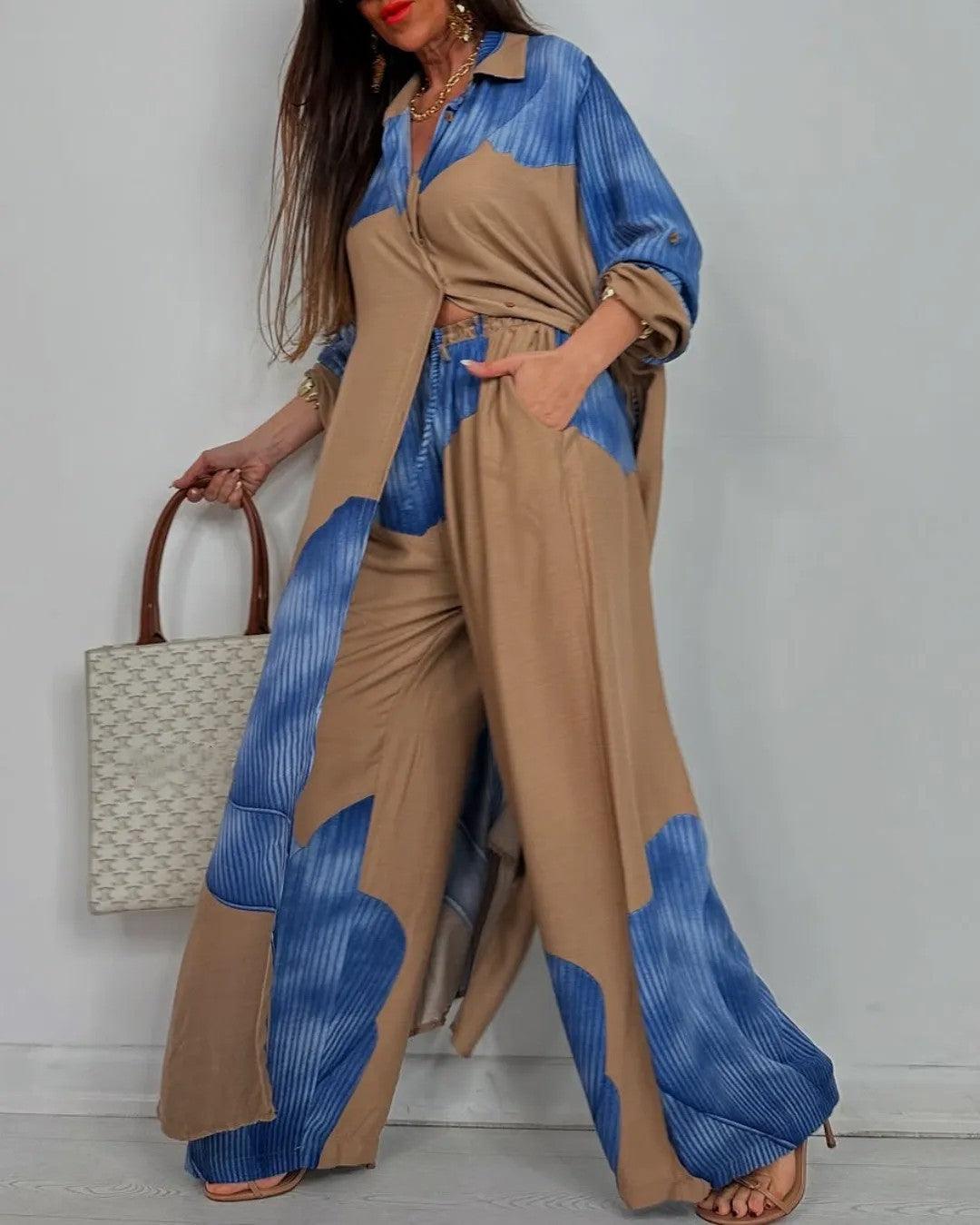 Nora | Color-Block Open-Front Duster & Wide-Leg Pants Set