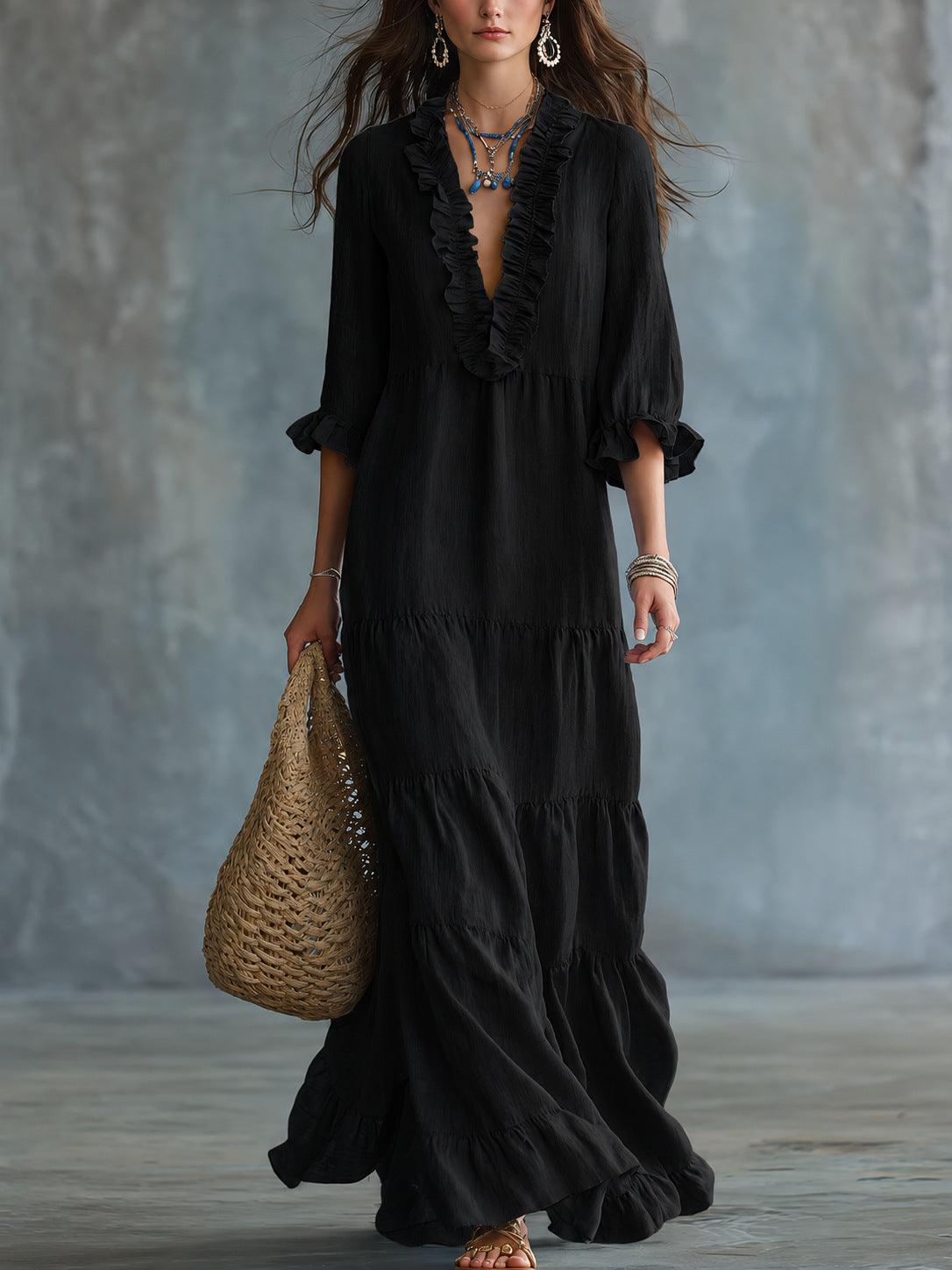 Luna | Bohemian V-Neck Layered Maxi Dress