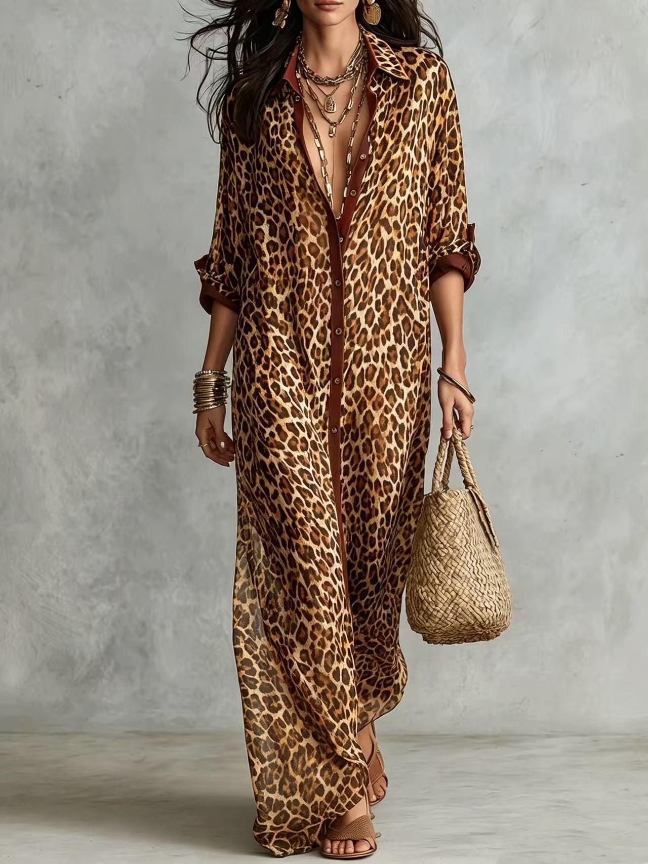 Effortless Glam Sheer Leopard Deep-V Belted Brown Shirt Maxi Dress
