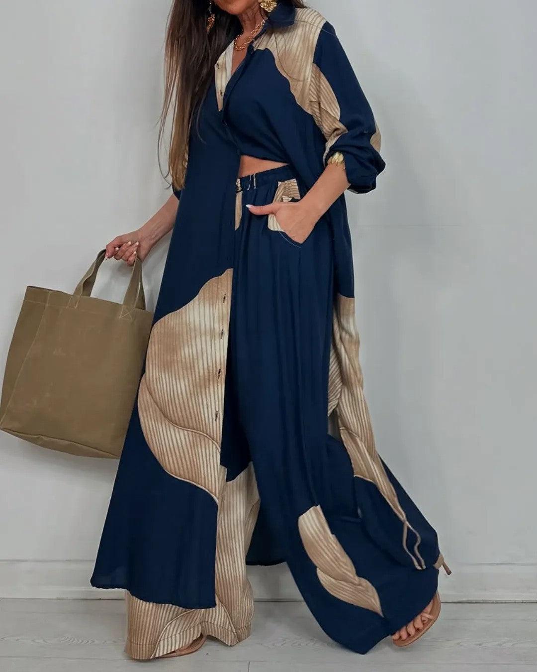 Nora | Color-Block Open-Front Duster & Wide-Leg Pants Set