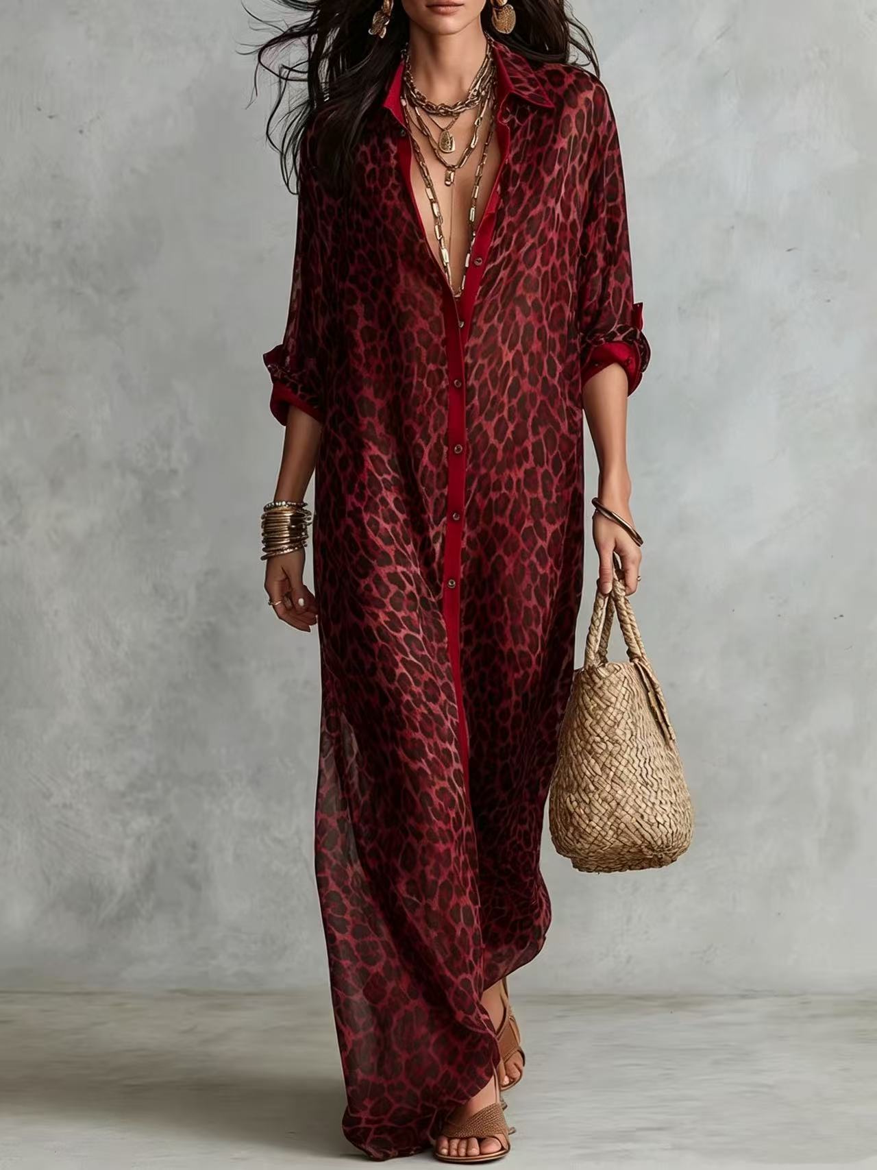 Effortless Glam Sheer Leopard Deep-V Belted Brown Shirt Maxi Dress