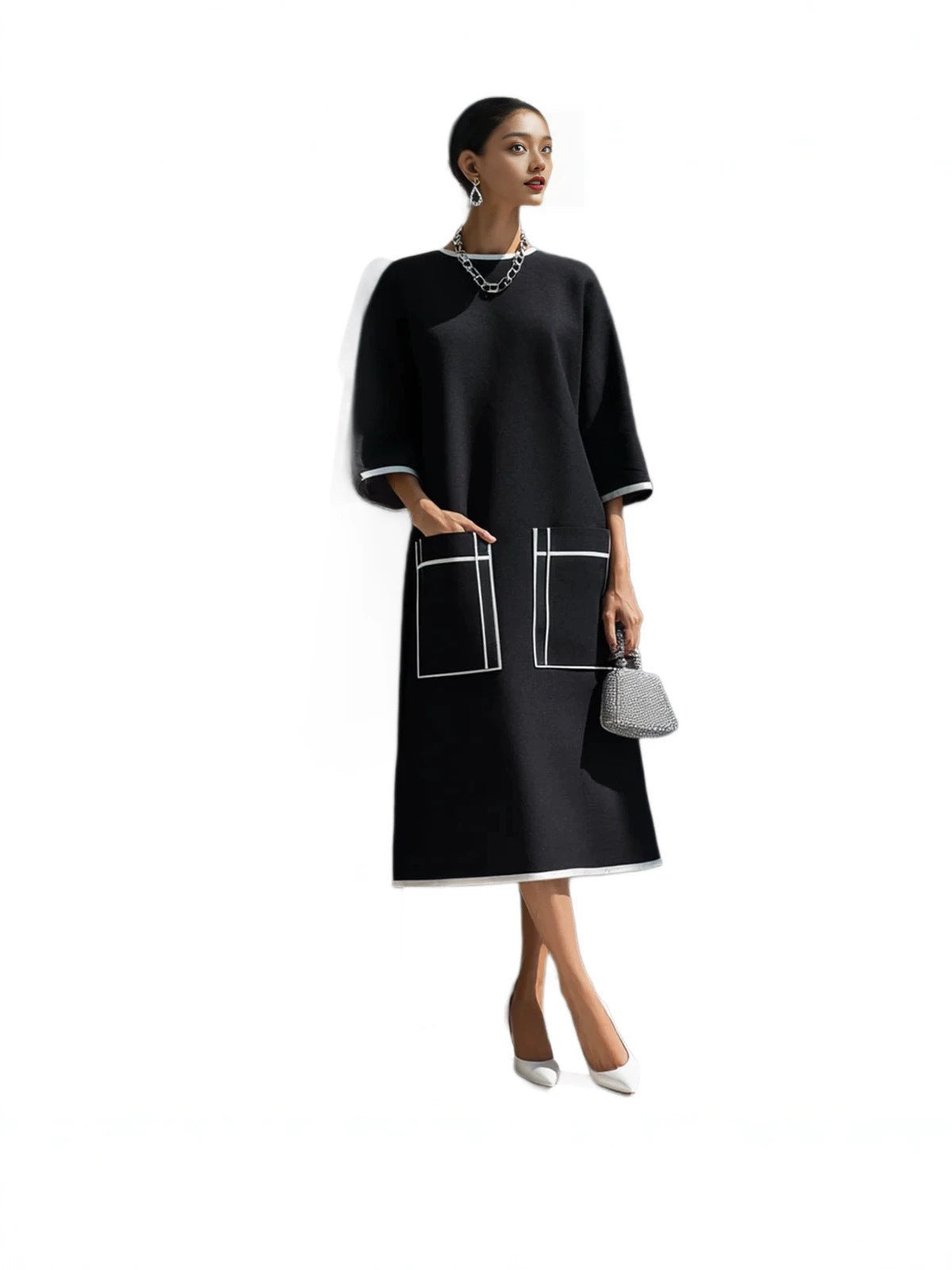 Cleo | Contrast-Trim Oversized Pocket Midi Dress