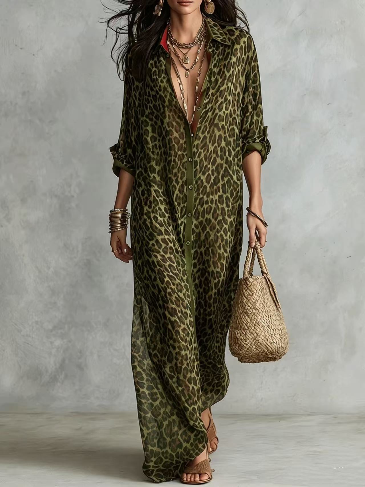 Effortless Glam Sheer Leopard Deep-V Belted Brown Shirt Maxi Dress