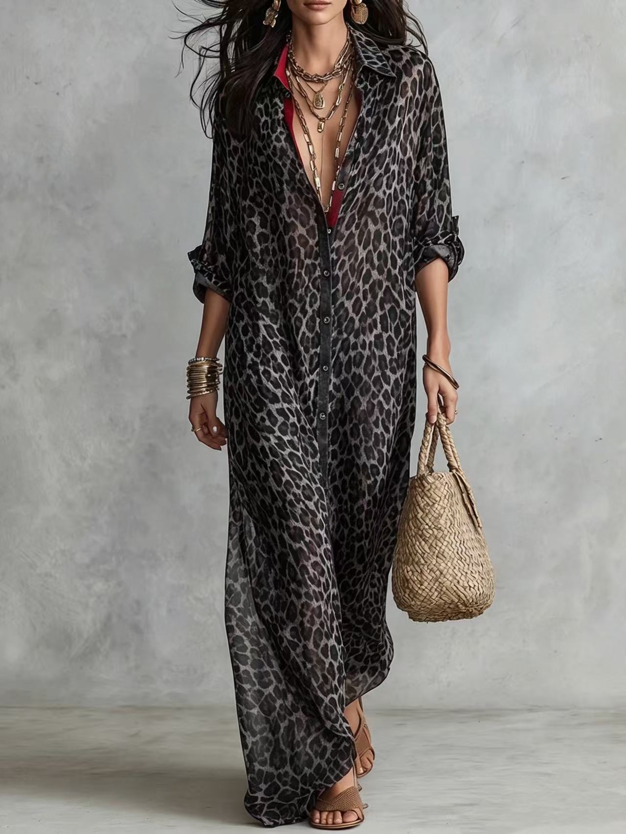 Effortless Glam Sheer Leopard Deep-V Belted Brown Shirt Maxi Dress