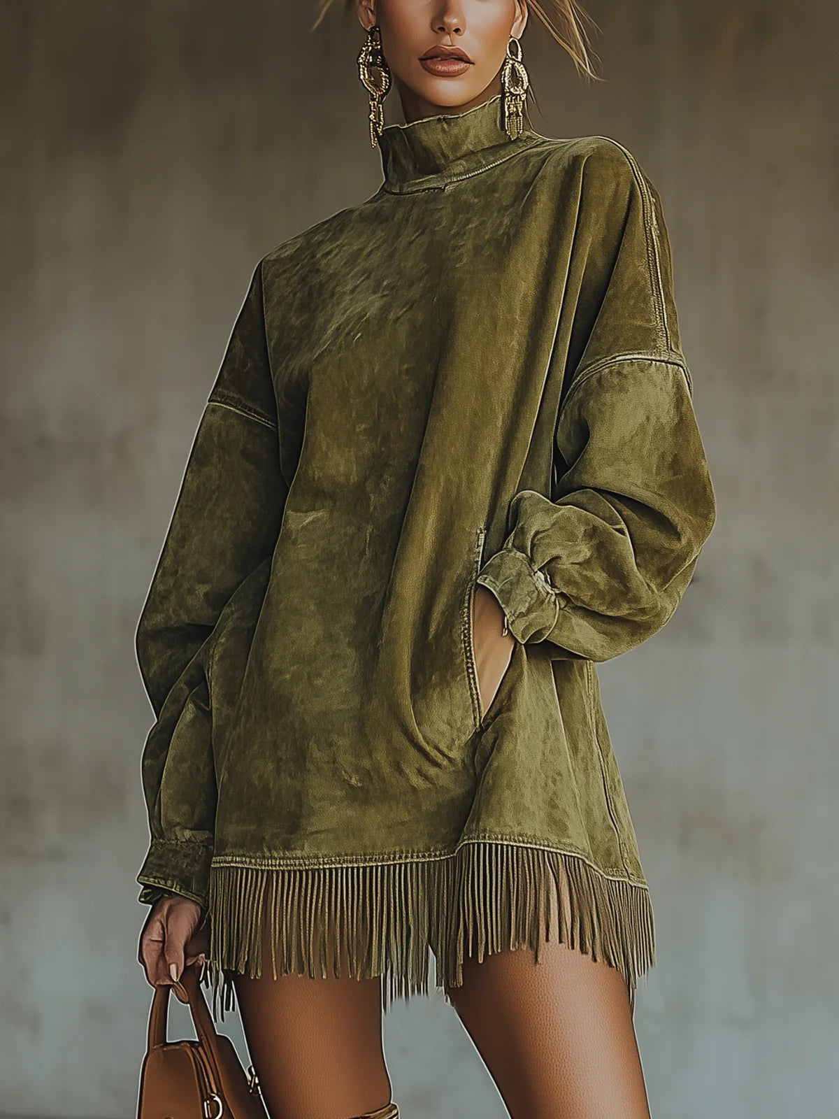 Faux Suede Dress with High Neck and Fringed Hem