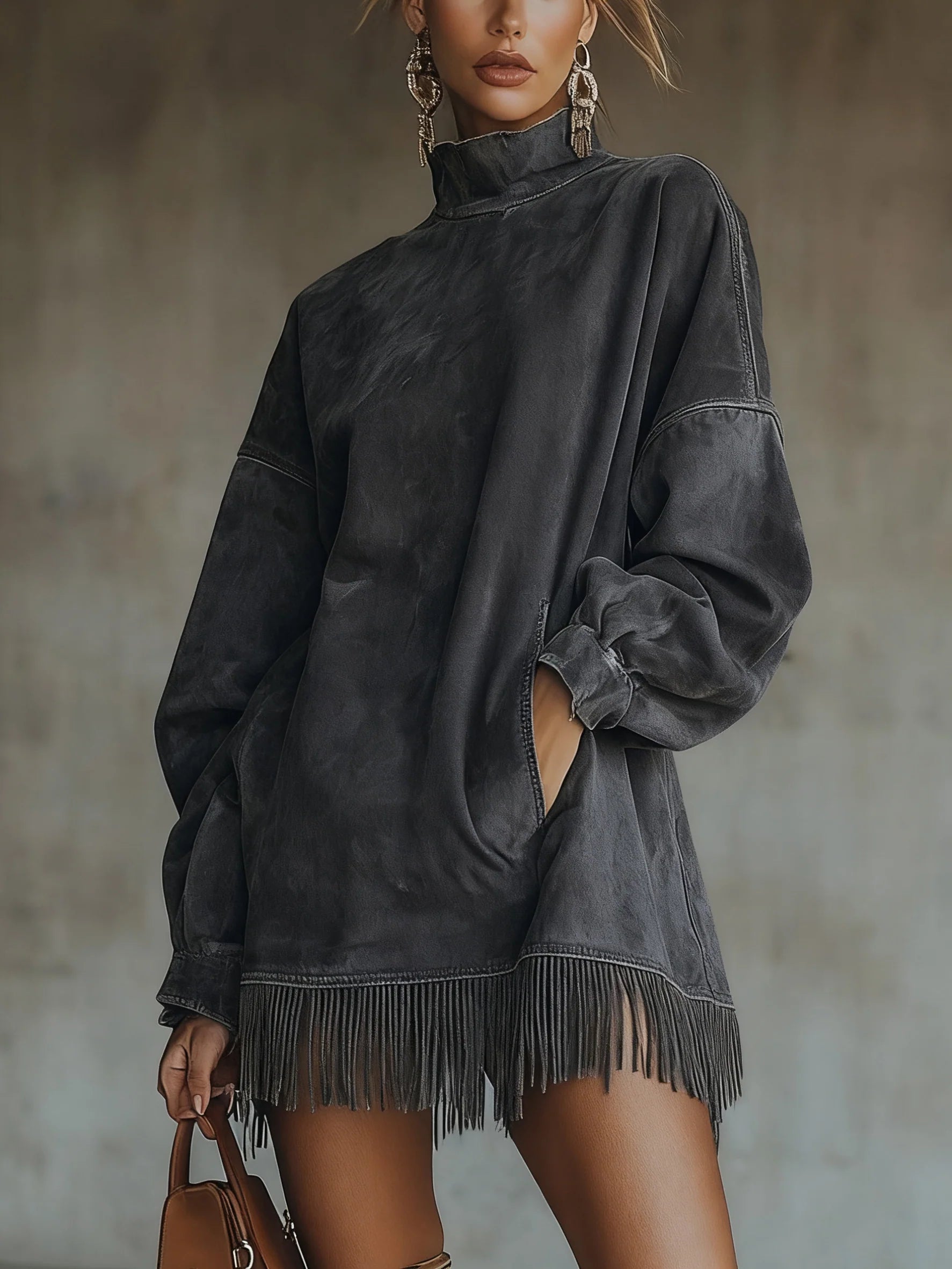 Faux Suede Dress with High Neck and Fringed Hem