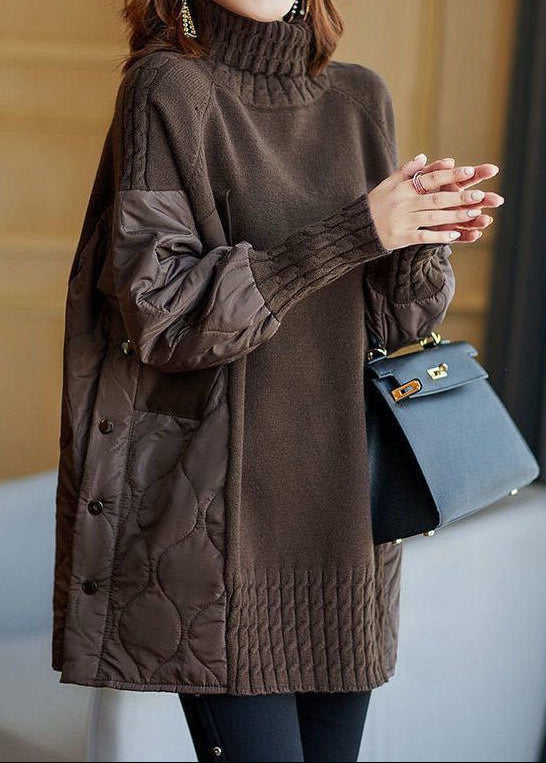 Nadia | Chocolate Turtleneck Patchwork Knit Sweater