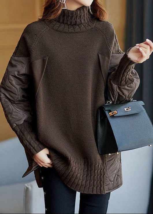 Nadia | Chocolate Turtleneck Patchwork Knit Sweater