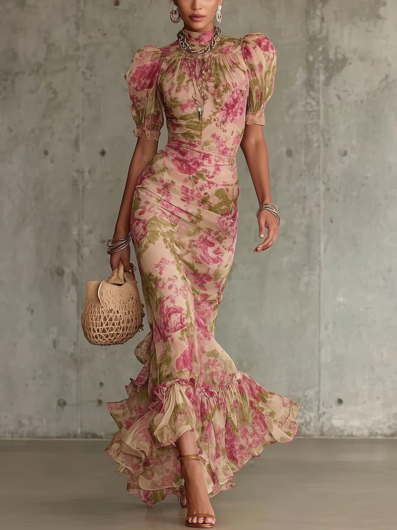 ELVENA™ | Floral Puff-Sleeve Maxi Dress.