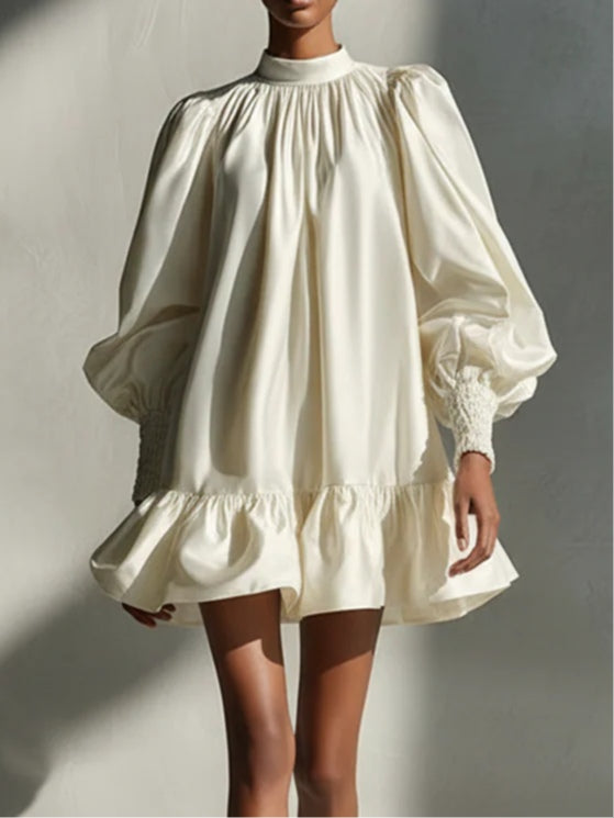 Beige Satin Mini Ruffle Dress with Puff Sleeves