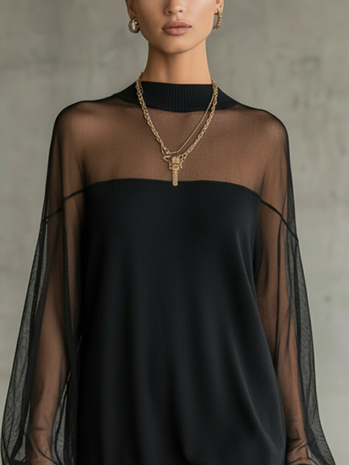 Black Sheer Mesh Sleeve High-Neck Mini Dress